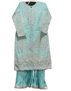 PakFashionQueen – Sea Green Embroidered Kurti with Plazo | Elegant Party & Wedding Wear Dress for Women